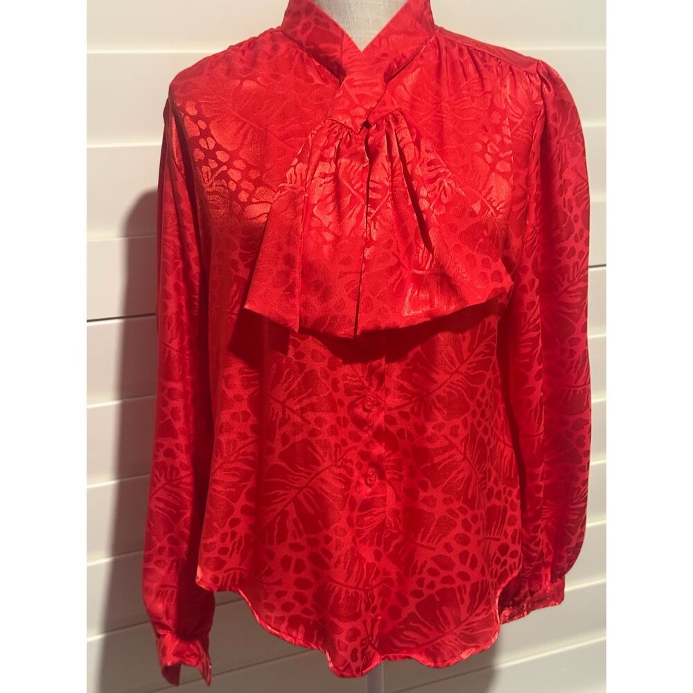 Vintage Red Satin Jacquard Blouse Secretary Top USA Women 14 Luxury Mad Men 70s